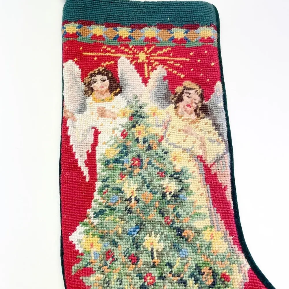 Vintage Needlepoint Wool Christmas Stocking Angels Tree Holiday.